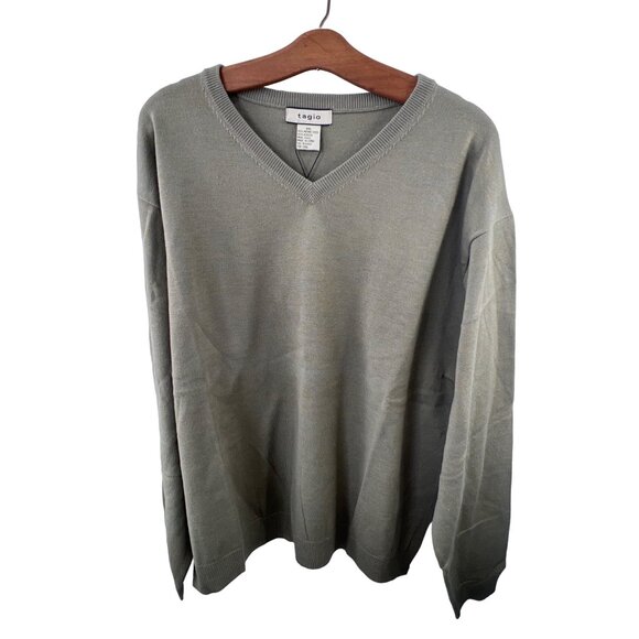 Tagio Mens Sweater XXL Light Green V-Neck Merino Wool Blend Classic Fit Knit - Picture 1 of 9